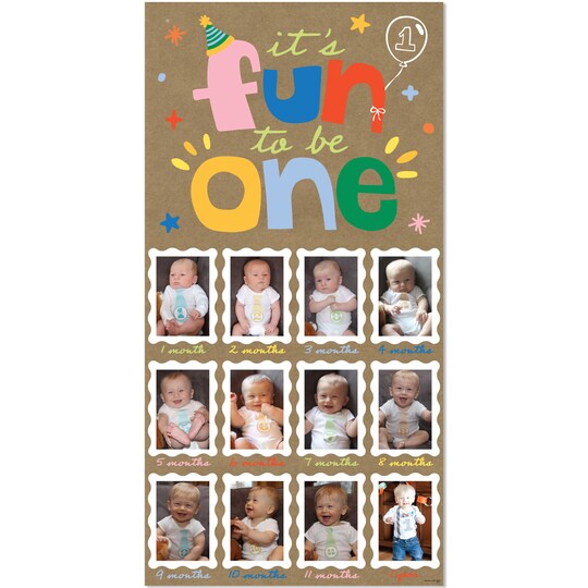 Big Dot of Happiness; Big Dot of Happiness One is Fun 1st Birthday Kraft Photo Banner, 1-12 Month Brown Paper Photo Display Timeline for 4x6 Pictures, Memory Banner – 1 Ct; Category:Banners; Image:1
